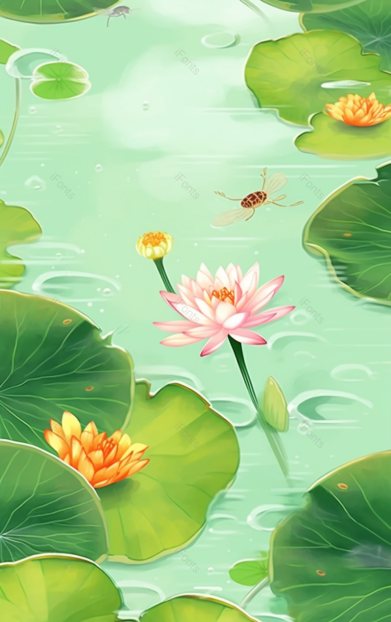 绿色池塘里荷叶荷花小清新自然风景,插画/手绘图,插画/手绘图库,插画/手绘图下载,插画/手绘